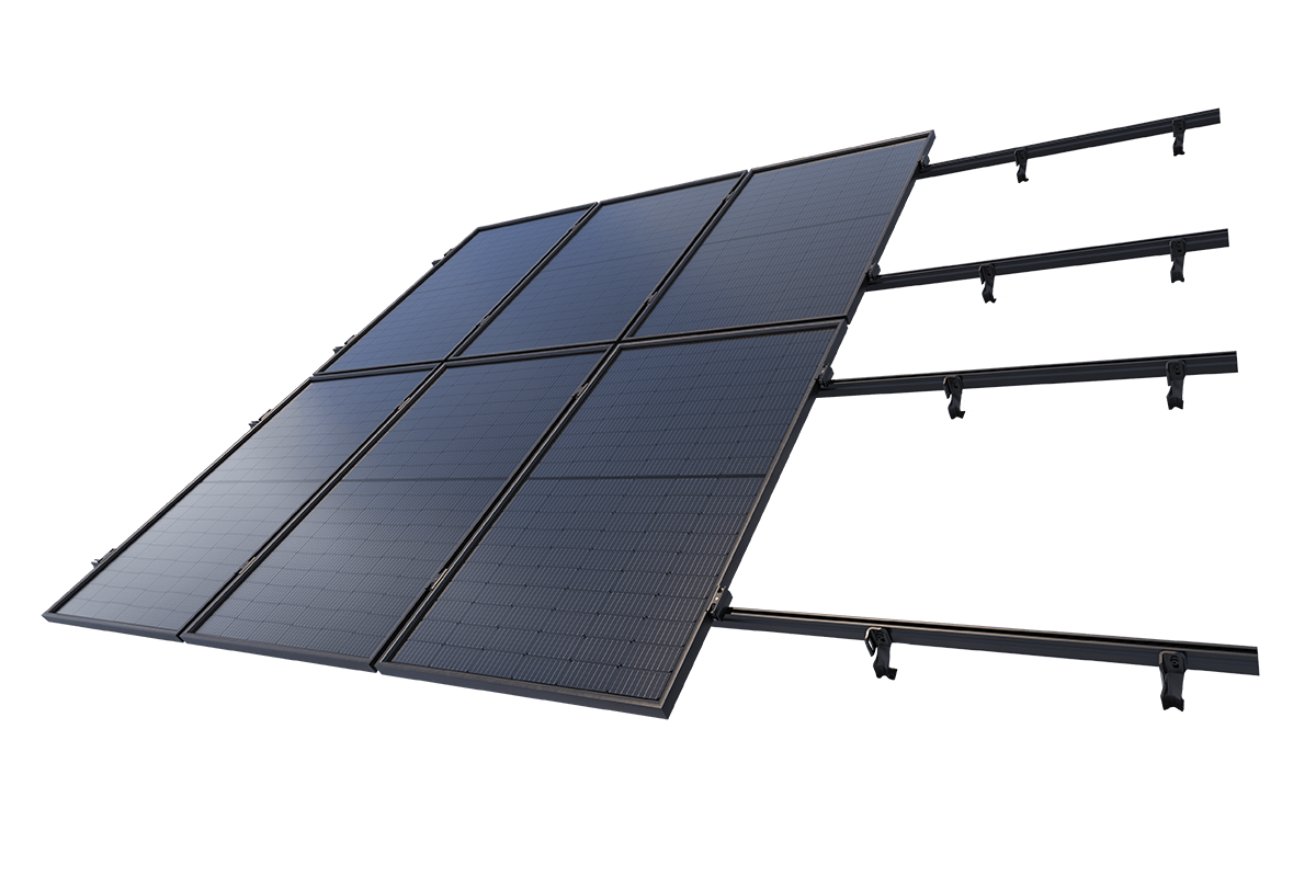 Montagesystem mit sechs Photovoltaikmodulen in schräger Ansicht, befestigt auf schwarzen Tragschienen