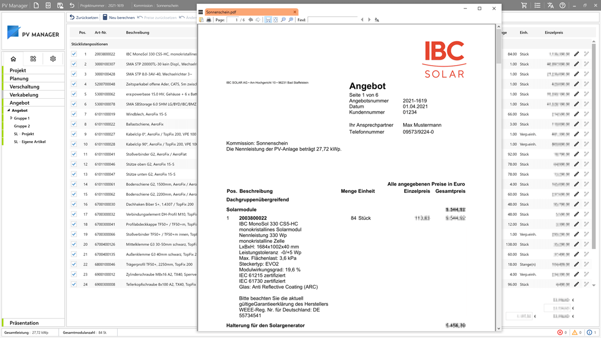Screenshot der PV‑Manager Software mit geöffnetem IBC SOLAR Angebotsdokument und Projektübersicht.