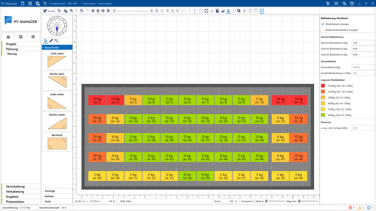 Screenshot der PV‑Manager Software mit farbcodierter Ballastierungsberechnung für eine Flachdach‑Photovoltaikanlage.