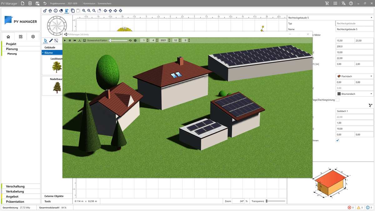 Screenshot der PV‑Manager Software mit 3D‑Modell mehrerer Gebäude, auf deren Dächern unterschiedliche Photovoltaikanlagen visualisiert sind.