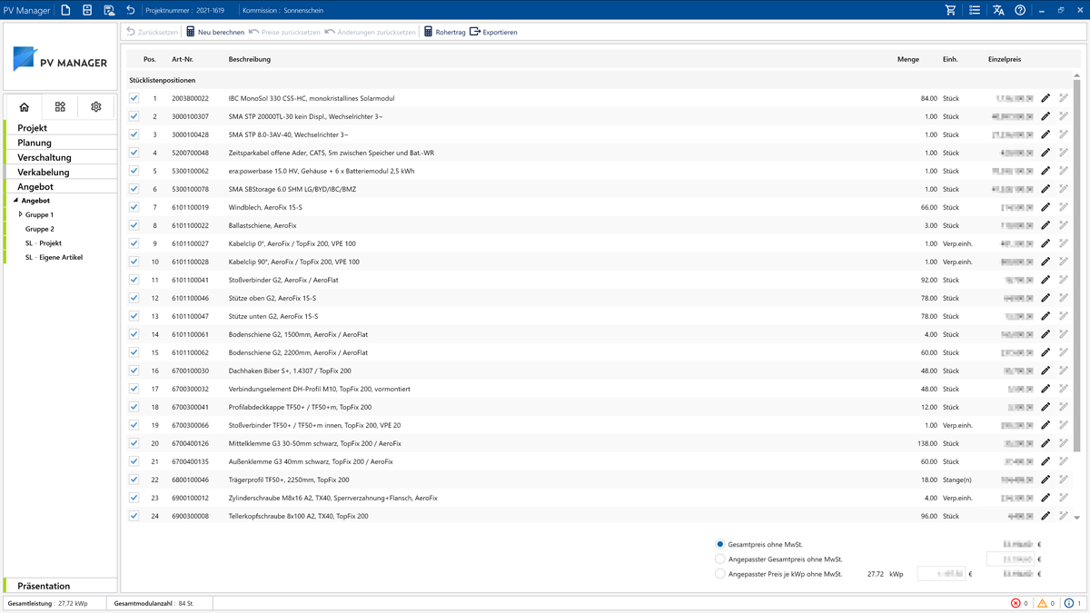 Screenshot der PV‑Manager Software mit detaillierter Artikelliste und Stückpositionen für eine Photovoltaikanlage